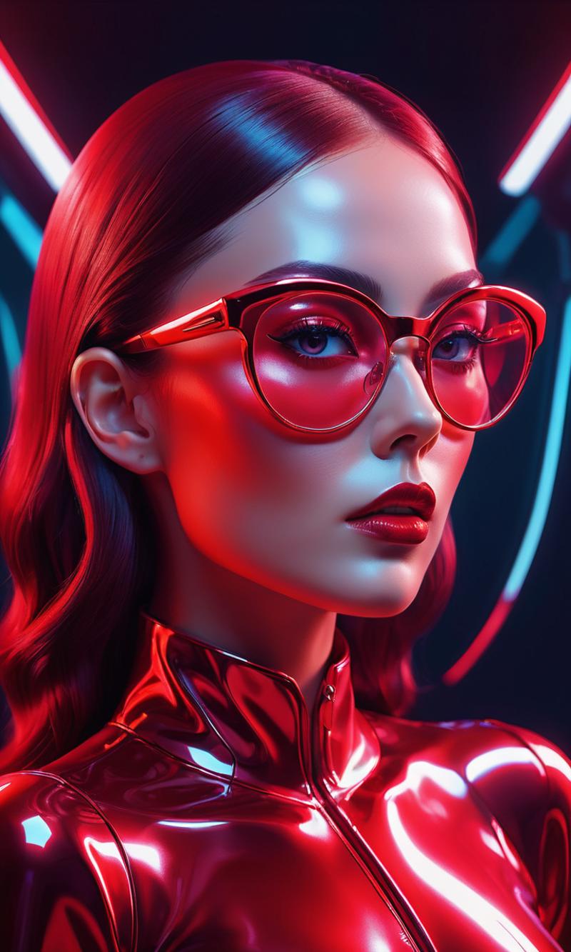 00955-2277457704-A woman in a red outfit wearing a  eyeglasses,in the style of futuristic art,smooth and shiny,shiny_ glossy,precise and lifelike.png